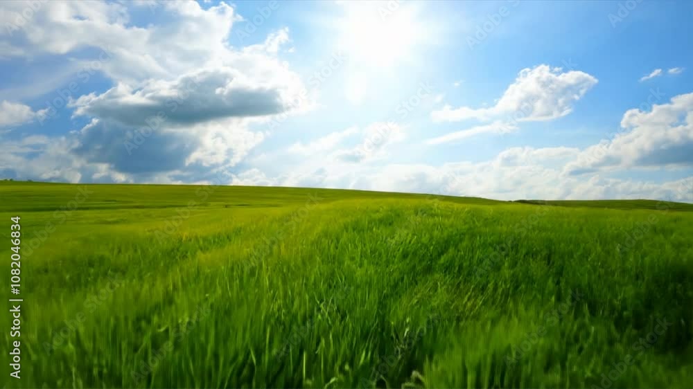 Vibrant green field under bright blue sky with fluffy clouds, showcasing beauty of nature and tranquility, perfect for landscapes and outdoor themes. Vibrant green field under bright blue sky with fluffy clouds, showcasing beauty of nature and tranquility, perfect for landscapes and outdoor themes.
