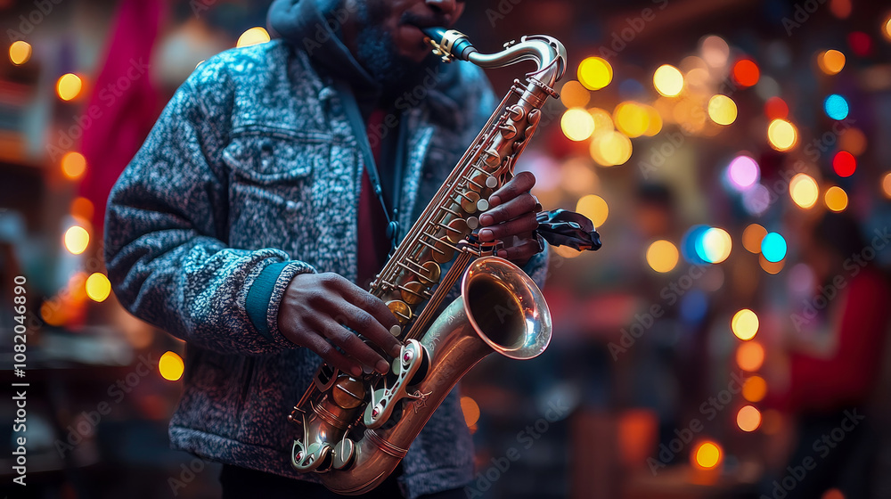 A skilled saxophonist captivates the audience at an evening event, surrounded by vibrant lights and a festive atmosphere A skilled saxophonist captivates the audience at an evening event, surrounded by vibrant lights and a festive atmosphere