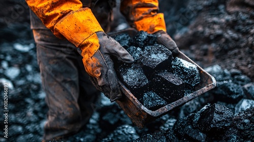 A miner in gloves skillfully loads chunks of raw material into a cart. The scene captures the industrial process of mining, showcasing the hard work involved. photo