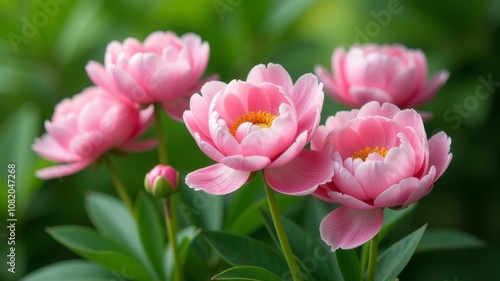 Close-up of blooming pink peonies against a backdrop of lush green foliage