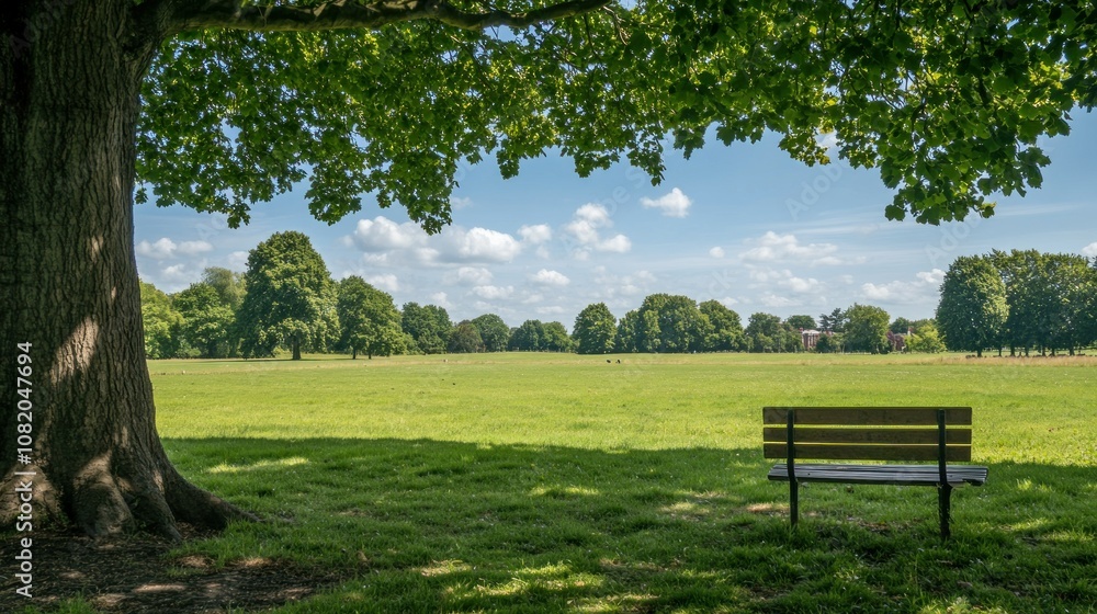 A lone wooden bench in a green park with a large tree in the foreground. A lone wooden bench in a green park with a large tree in the foreground.