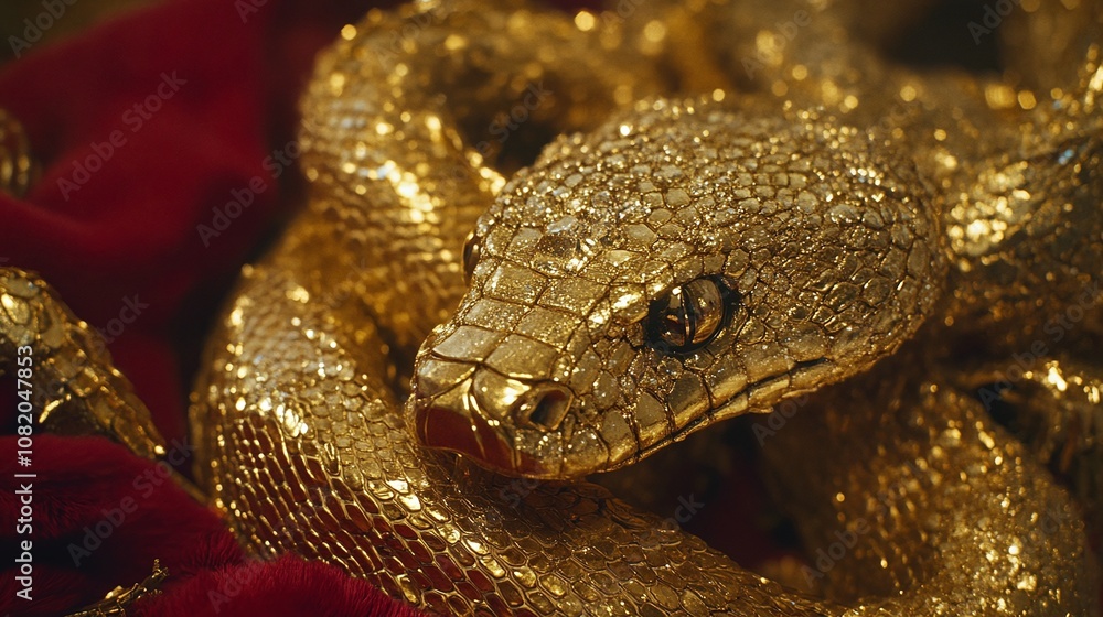 Close-Up View of a Stunning Golden Snake Sculpture Showcasing Intricate Details and Shimmering Texture on a Plush Red Background Close-Up View of a Stunning Golden Snake Sculpture Showcasing Intricate Details and Shimmering Texture on a Plush Red Background