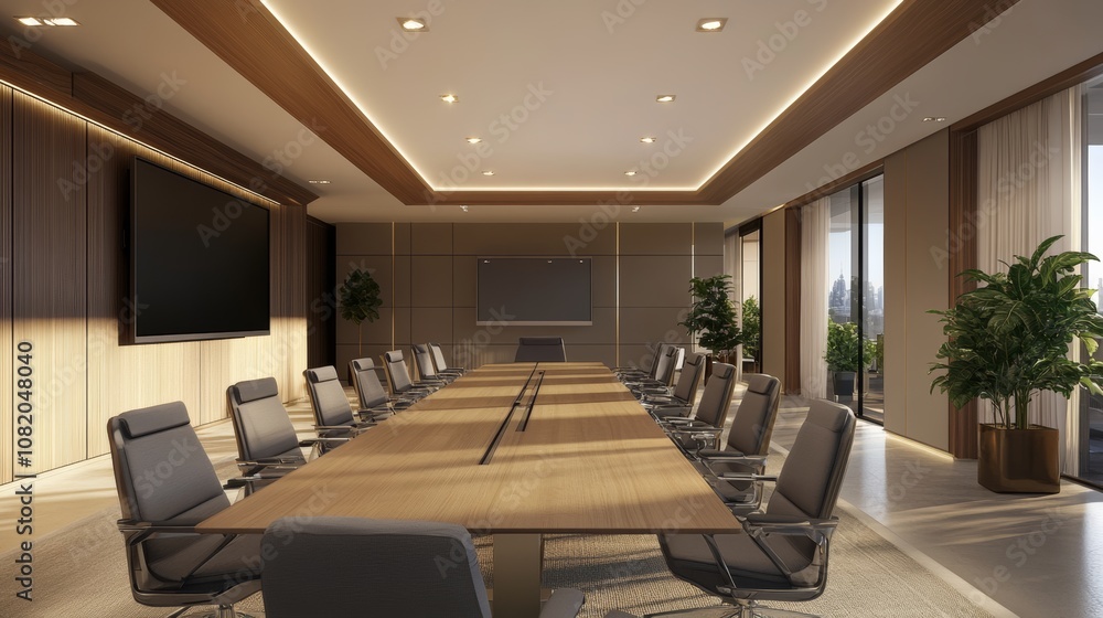 Fototapeta premium A well-designed meeting space with ergonomic seating, advanced AV setup, and natural light, providing comfort and functionality