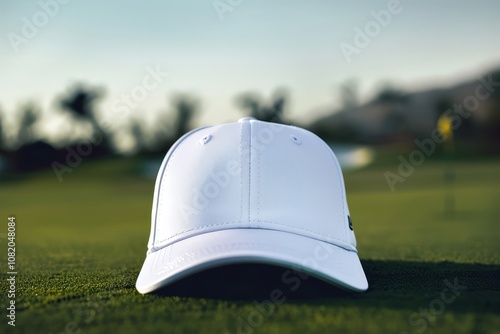 White cap placed on green grass with a blurred outdoor background featuring a sunny field and distant structures. Front-facing view highlighting the cap's texture and design details. Suitable for spor photo