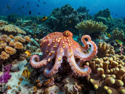 Underwater octopus close-up on a coral reef. Underwater ocean photography. photo