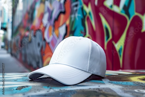 White cap placed on a graffiti-covered surface with a vibrant urban street art wall in the background. Contemporary outdoor setting emphasizing creativity and style. Ideal for urban fashion, streetwea photo