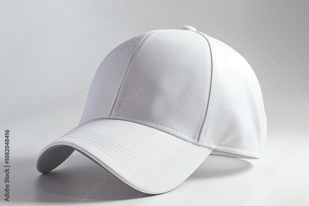 White cap with stitched detailing on a plain gray background. Studio product photography emphasizing texture and clean design. Ideal for branding, advertising, and promotional materials. White cap with stitched detailing on a plain gray background. Studio product photography emphasizing texture and clean design. Ideal for branding, advertising, and promotional materials.