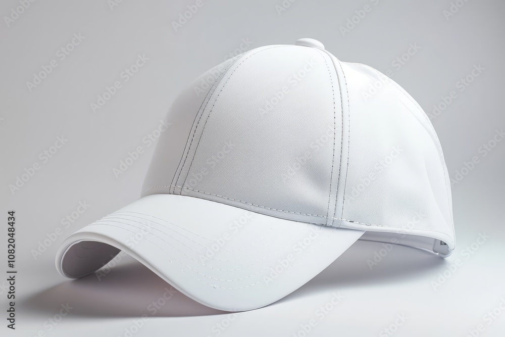 White cap with stitched detailing on a plain gray background. Studio product photography emphasizing texture and clean design. Ideal for branding, advertising, and promotional materials. White cap with stitched detailing on a plain gray background. Studio product photography emphasizing texture and clean design. Ideal for branding, advertising, and promotional materials.