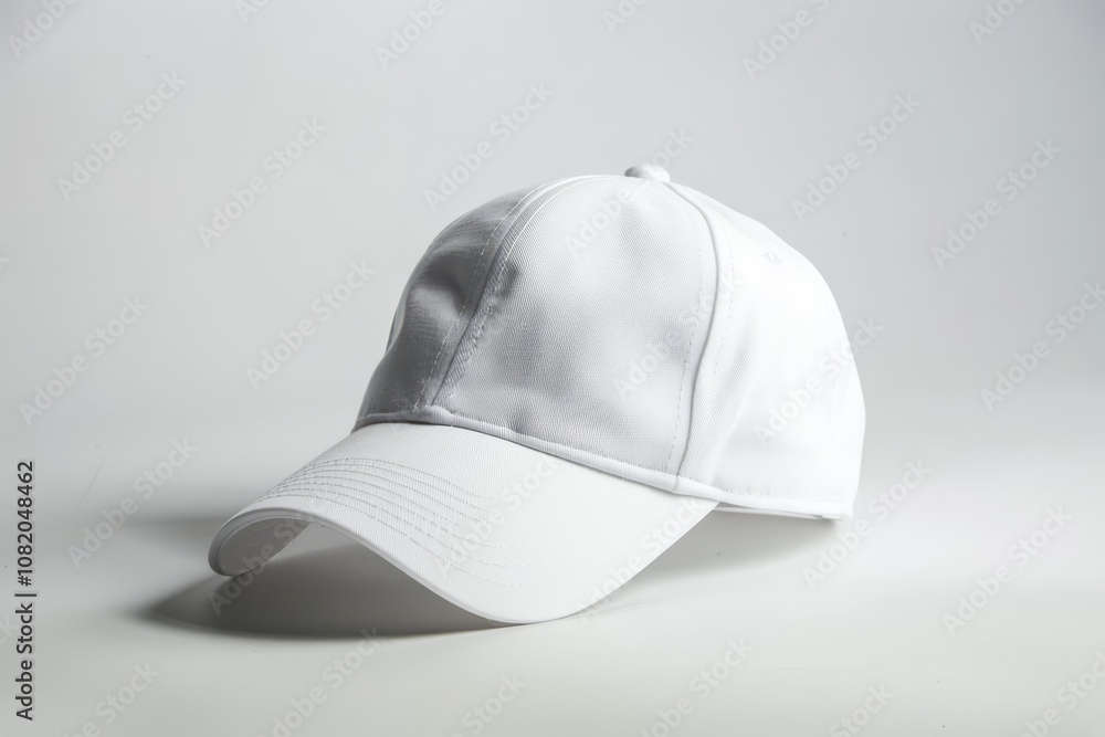 White cap with stitched detailing on a plain gray background. Studio product photography emphasizing texture and clean design. Ideal for branding, advertising, and promotional materials. White cap with stitched detailing on a plain gray background. Studio product photography emphasizing texture and clean design. Ideal for branding, advertising, and promotional materials.