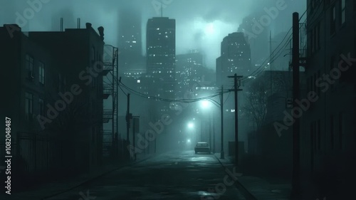 Dark, empty urban street at night with faint city lights through fog, streetlights off, occasional distant car alarm, eerie atmosphere highlighting sudden power loss in bustling city.