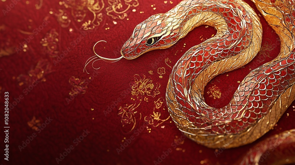 Elegant Gold and Red Snake Artwork with Intricate Scales and Floral Patterns on a Rich Background for Cultural or Decorative Uses Elegant Gold and Red Snake Artwork with Intricate Scales and Floral Patterns on a Rich Background for Cultural or Decorative Uses