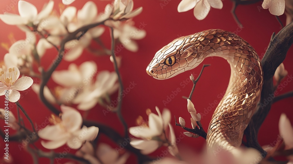 Elegant Gold Snake Coiled Among Delicate White Flowers Against a Vibrant Red Background, Symbolizing Harmony and Nature's Beauty Elegant Gold Snake Coiled Among Delicate White Flowers Against a Vibrant Red Background, Symbolizing Harmony and Nature's Beauty