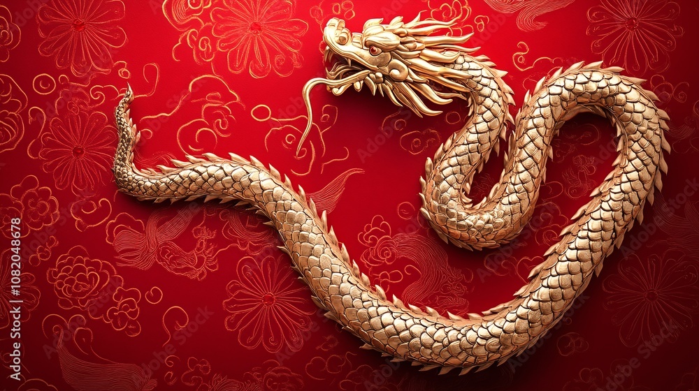 Elegant Golden Dragon Sculpture on Fiery Red Background with Intricate Floral Patterns, Symbolizing Prosperity and Strength in Asian Culture Elegant Golden Dragon Sculpture on Fiery Red Background with Intricate Floral Patterns, Symbolizing Prosperity and Strength in Asian Culture