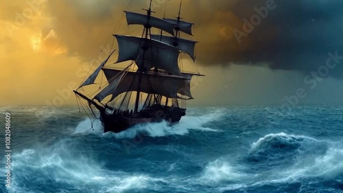 Sailing Ship in a Storm.  AI generated video.  An animation of a painting of a sailing ship from the 1800’s caught in a storm.