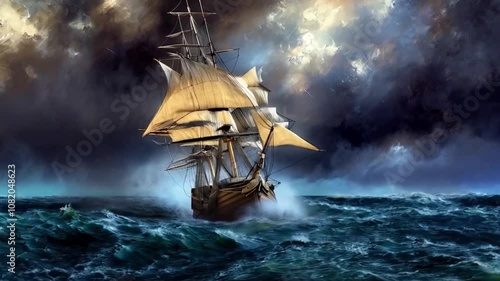 Sailing Ship in a Storm.  AI generated video.  An animation of a painting of a sailing ship from the 1800’s caught in a storm.