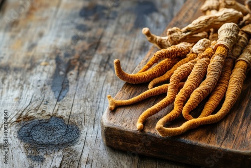 Dried Cordyceps on Wooden Surface photo