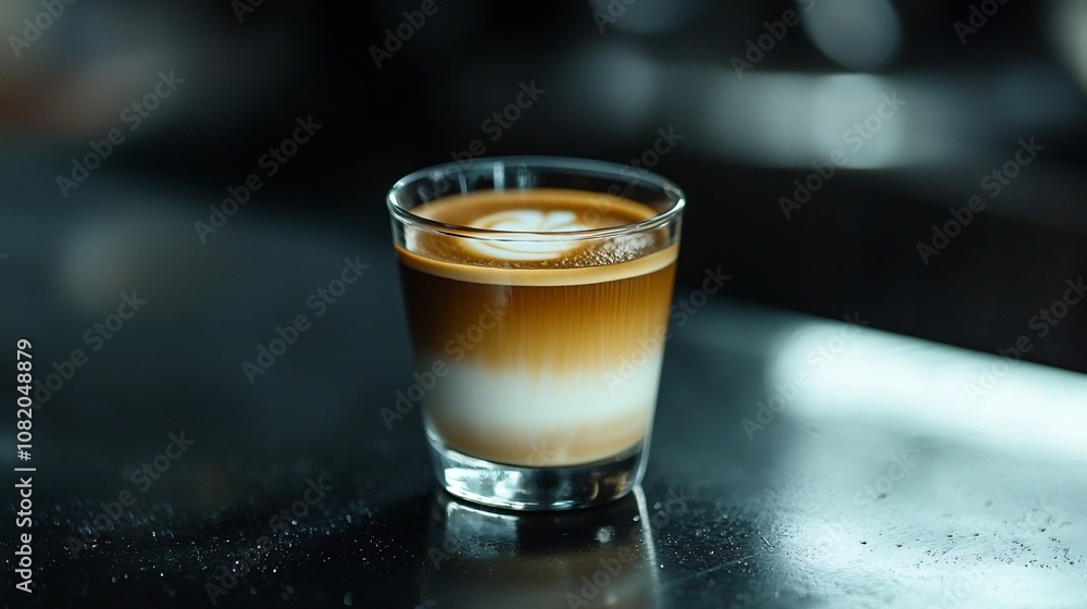 Close up of a Delicate Macchiato Served in a Glass Cup on a Sleek Black Table Close up of a Delicate Macchiato Served in a Glass Cup on a Sleek Black Table