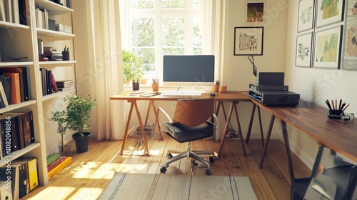 A well-organized home office setup with minimalist decor, perfect for productivity and focus in a comfortable home environment