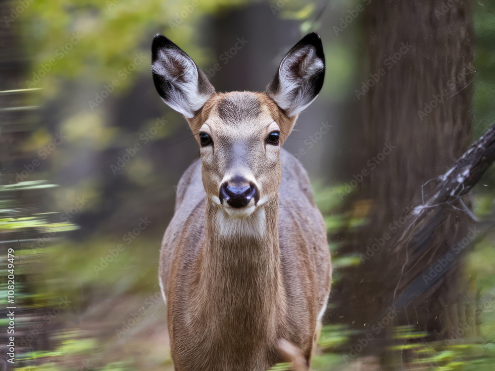 A close-up portrait of a young deer with alert ears and gentle eyes in a forest setting A close-up portrait of a young deer with alert ears and gentle eyes in a forest setting