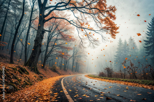 Autumn s Embrace on a Misty Forest Road