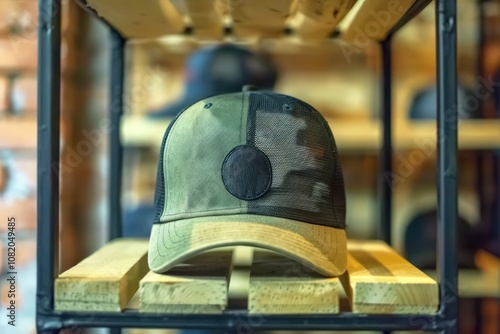 Green and black camouflage baseball cap with a mesh back displayed on a wooden shelf in a retail store. Casual fashion and outdoor lifestyle concept. photo