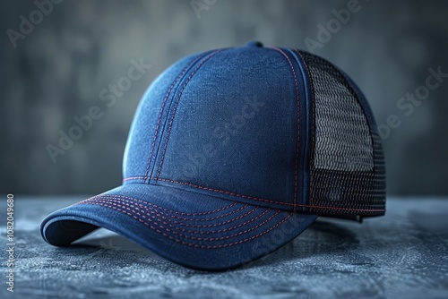 Blue denim baseball cap with red stitching and black mesh back, displayed on a textured surface with a blurred background. Casual and breathable headwear for versatile use. photo