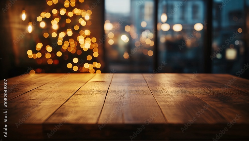Empty wooden table against a blurry background of twinkling lights. Perfect for showcasing your products or creating a cozy ambiance. Empty wooden table against a blurry background of twinkling lights. Perfect for showcasing your products or creating a cozy ambiance.