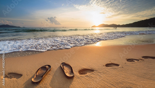 Footprint people on the sand and slipper of feet in sandals shoes on beach
