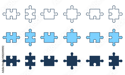 Puzzle Pieces Fit Line and Silhouette Icon Set. Business Strategy, Teamwork, Brainstorming Concept. Editable Stroke. Isolated Vector Illustration
