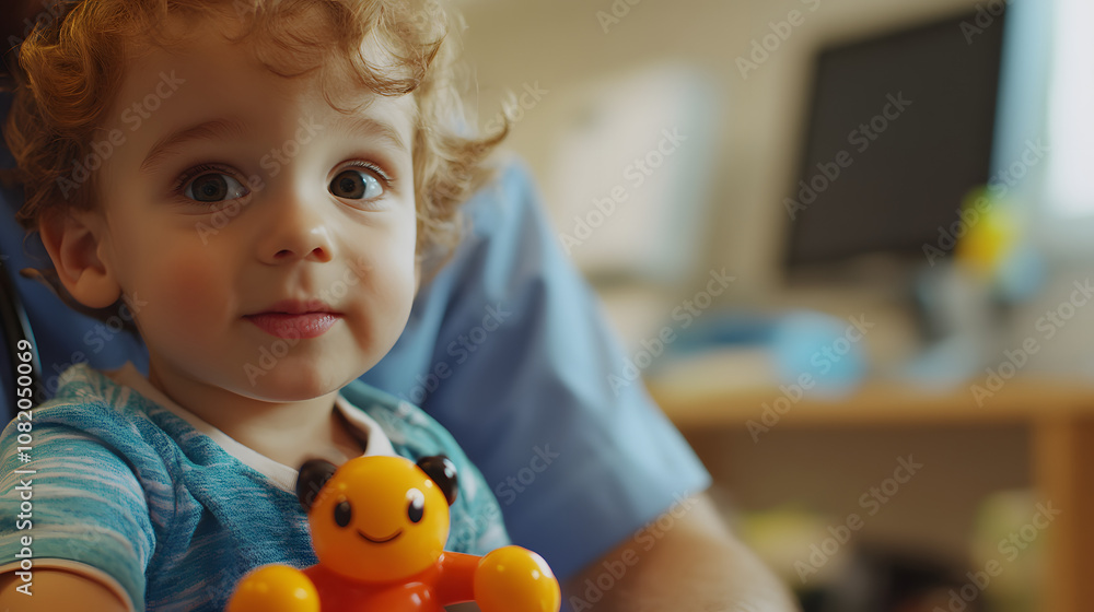 A pediatrician using a toy to calm a child during a medical checkup. A pediatrician using a toy to calm a child during a medical checkup.