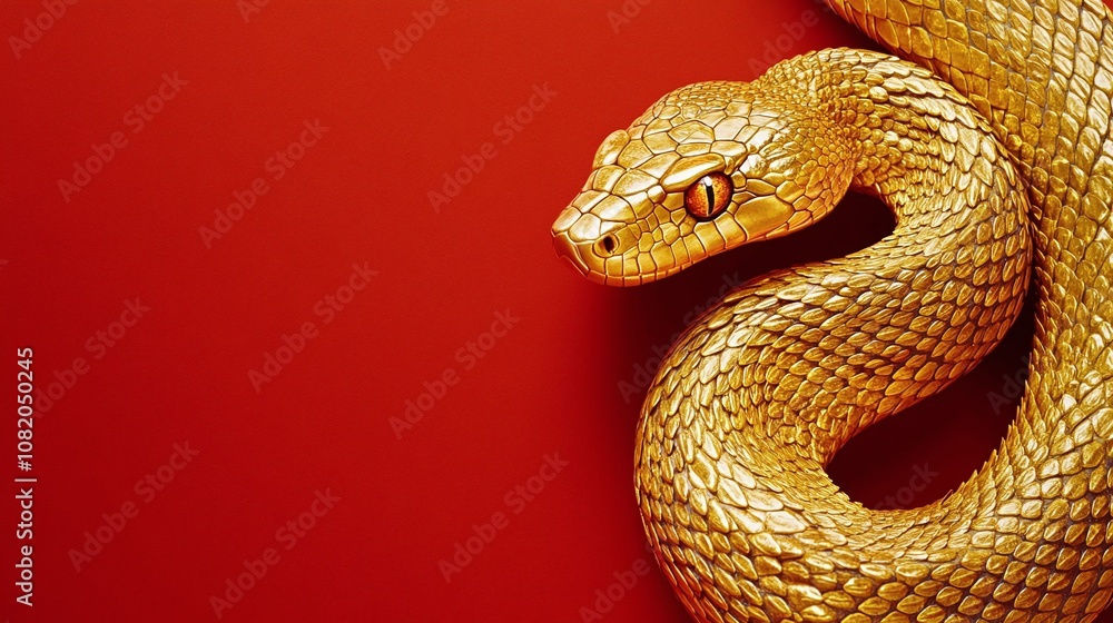 Fototapeta premium Glimmering Golden Snake on Vibrant Red Background, Captivating and Striking Visual for Nature and Wildlife Enthusiasts, Perfect for Diverse Creative Projects