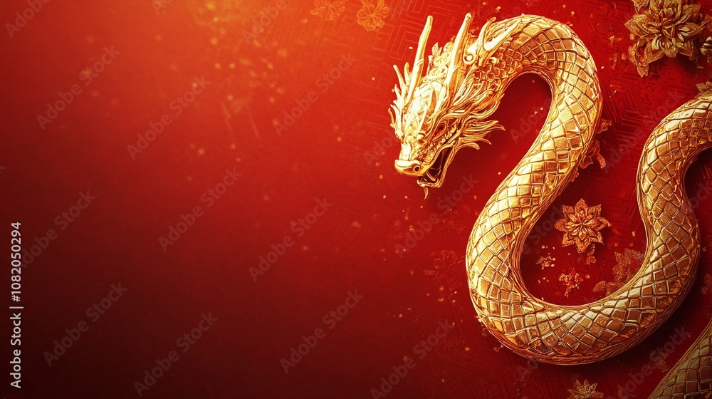 Golden decorative dragon against a vibrant red background, symbolizing prosperity, strength, and good fortune for festive celebrations and cultural displays Golden decorative dragon against a vibrant red background, symbolizing prosperity, strength, and good fortune for festive celebrations and cultural displays