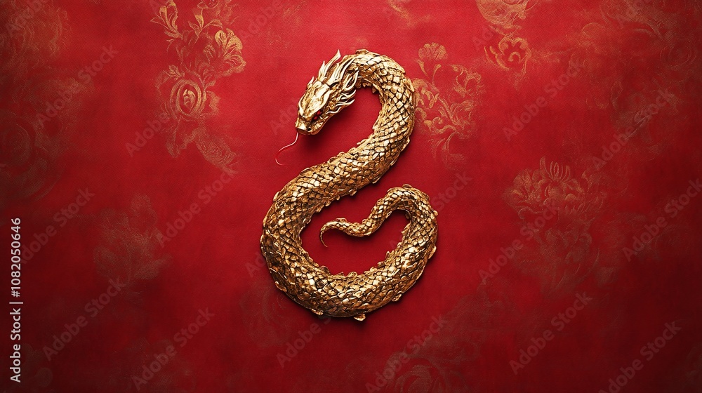 Golden Dragon on Red Background with Textured Floral Patterns, Symbolizing Power, Wisdom, and Prosperity in Eastern Culture and Mythology Displays Elegance and Rich Tradition Golden Dragon on Red Background with Textured Floral Patterns, Symbolizing Power, Wisdom, and Prosperity in Eastern Culture and Mythology Displays Elegance and Rich Tradition