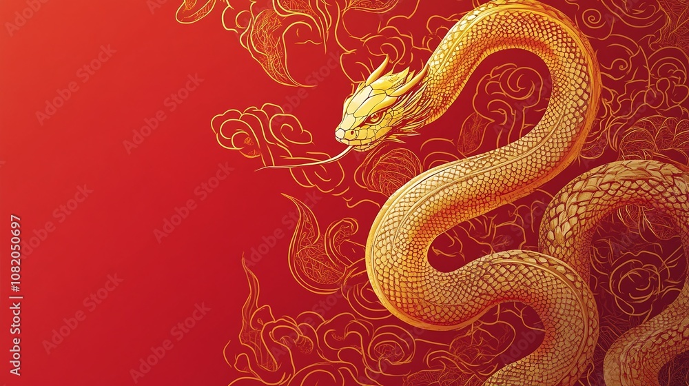 Golden Dragon Surrounded by Elegant Swirls and Cloud Patterns on a Vibrant Red Background, Evoking Power, Luck, and Traditional Asian Art Elements Golden Dragon Surrounded by Elegant Swirls and Cloud Patterns on a Vibrant Red Background, Evoking Power, Luck, and Traditional Asian Art Elements