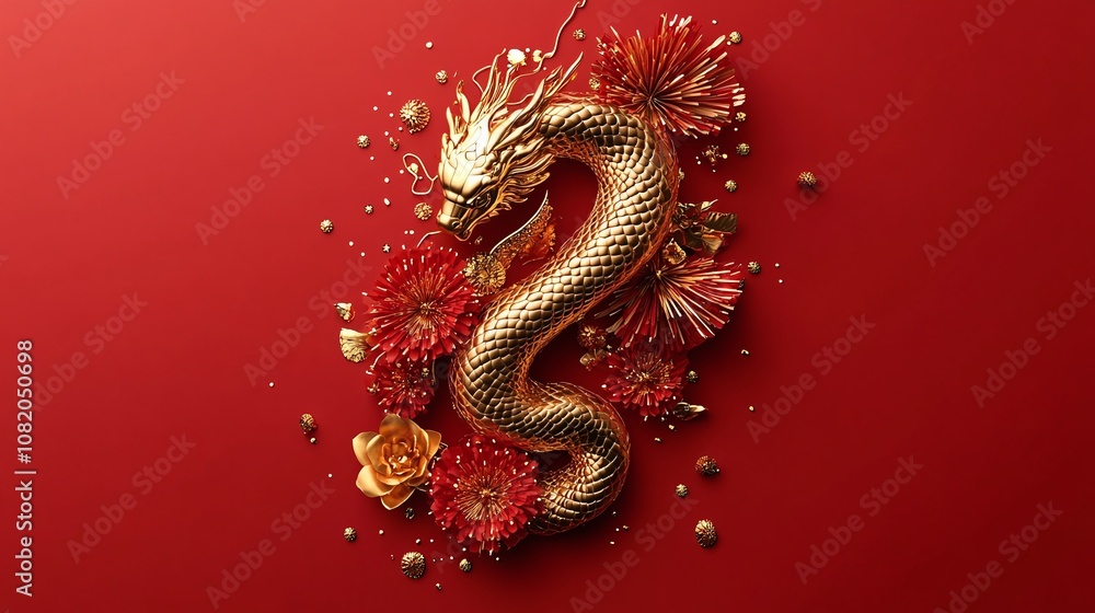 Obraz premium Golden Dragon Surrounded by Red Floral Elements and Decorative Accents on a Vibrant Red Background for Celebratory Themes and Cultural Festivities