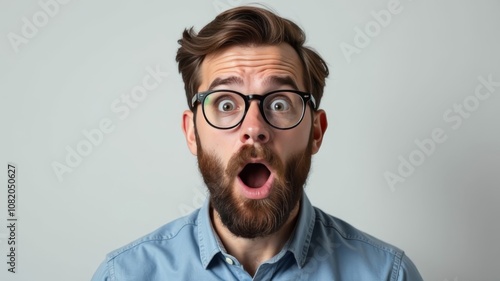 Man with glasses and beard makes surprised face with open mouth. concept of surprise and amazement