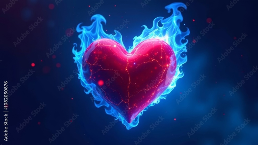 Obraz premium illustration of the red heart covered with blue flame, on a dull blue background