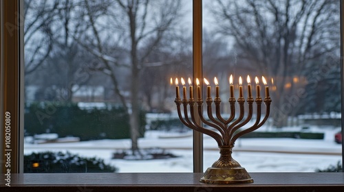 Traditional nine-branched menorah with candles lit, placed by a window, warm glow reflecting on the glass photo