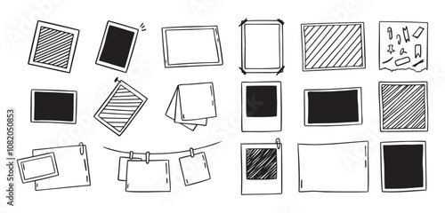 Vintage photo frames hand drawn doodle hanging on a clips icons set. Picture outline drawing template 