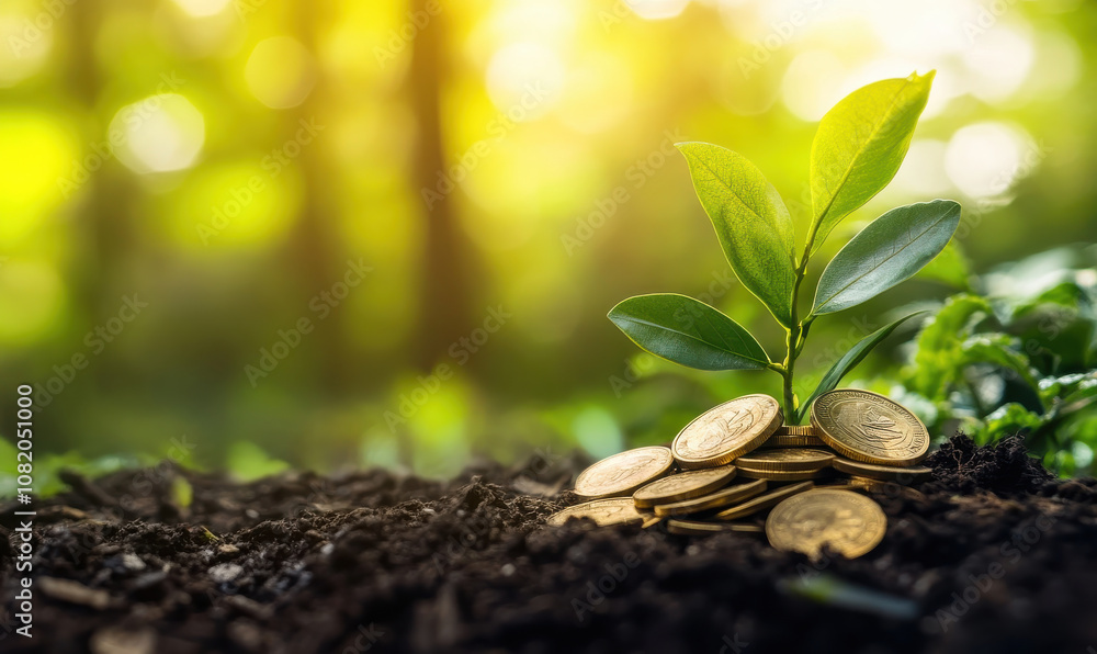 small plant growing from soil with gold coins small plant growing from soil with gold coins