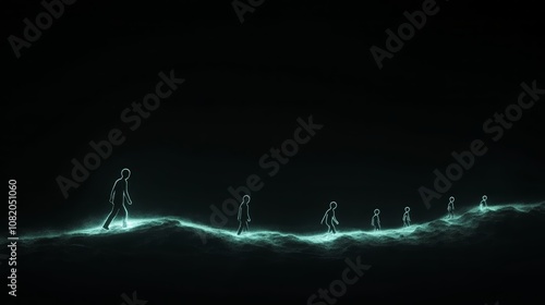 Evolution of humanity: glowing silhouettes journey through time on dark background