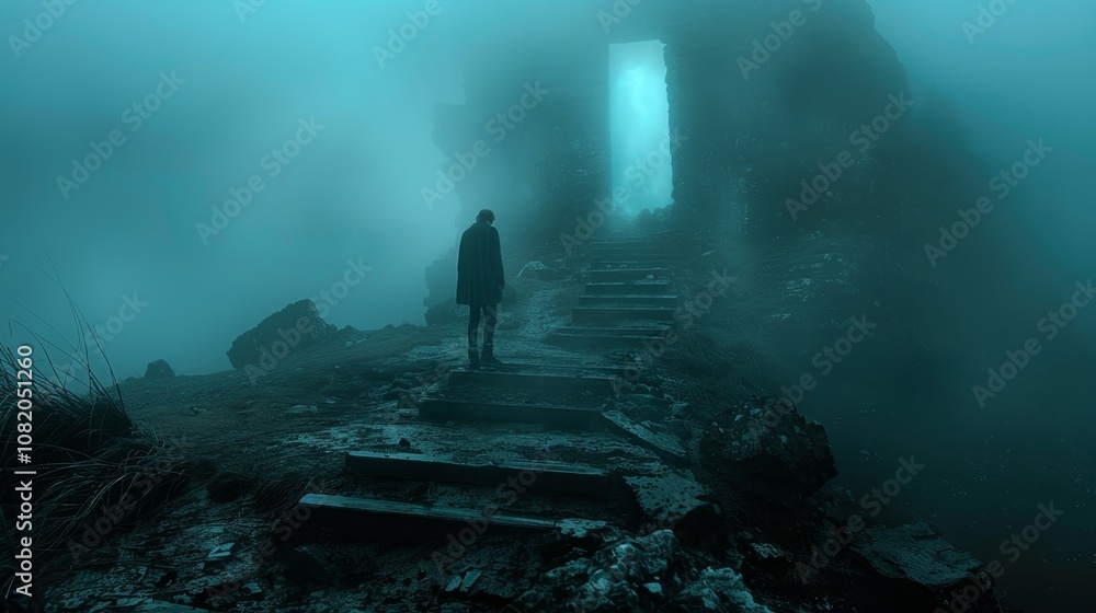 A lone figure stands on a misty mountain path leading to a mysterious doorway. A lone figure stands on a misty mountain path leading to a mysterious doorway.