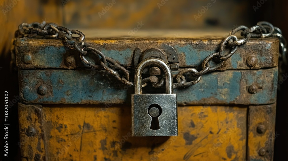 A padlock with chains around a storage chest, symbolizing safeguarding of personal belongings or valuables. A padlock with chains around a storage chest, symbolizing safeguarding of personal belongings or valuables.