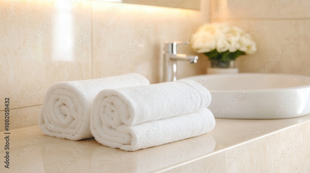 A serene bathroom scene featuring neatly rolled white towels beside a modern sink and decorative flowers. A serene bathroom scene featuring neatly rolled white towels beside a modern sink and decorative flowers.