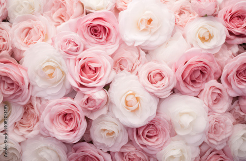 A beautiful arrangement of pink and white roses creates a soft and romantic atmosphere.