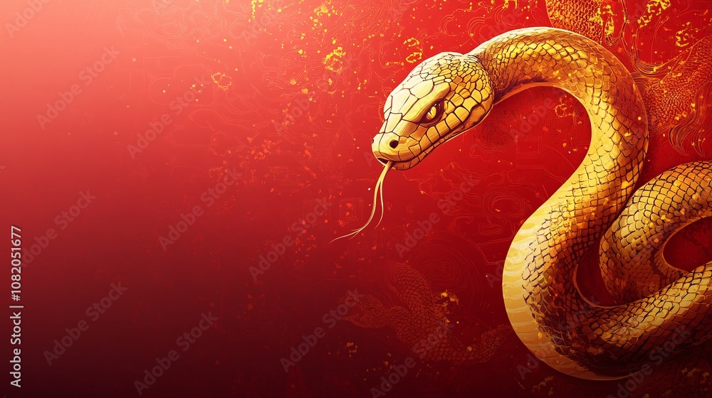 Golden Snake Illustration on Red Background with Intricate Details and Textures, Ideal for Celebratory Themes and Cultural Representations Golden Snake Illustration on Red Background with Intricate Details and Textures, Ideal for Celebratory Themes and Cultural Representations