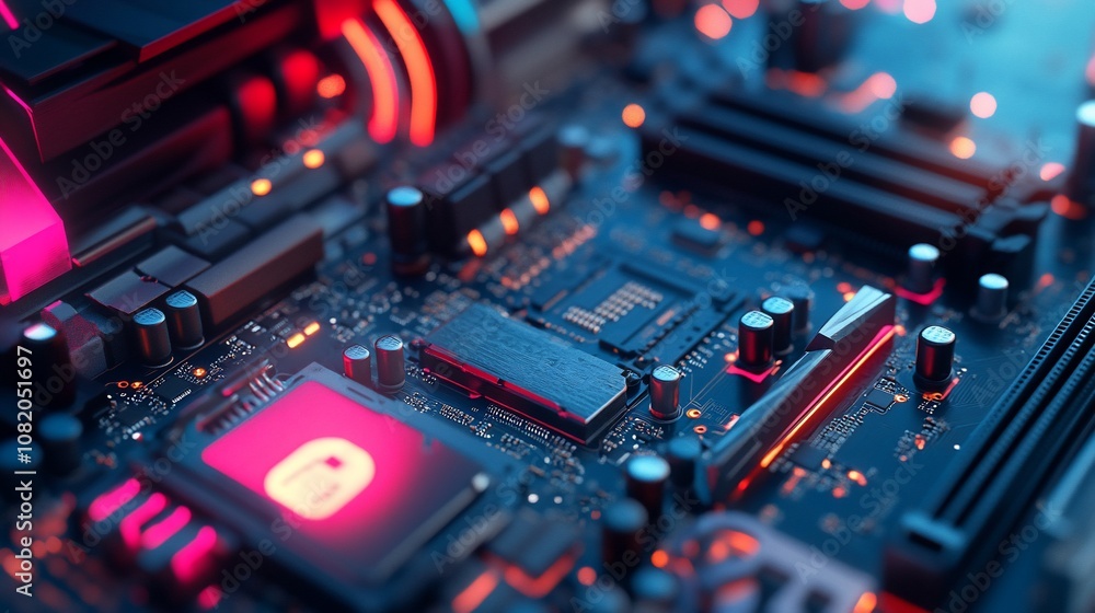Close-up of a computer motherboard with glowing red circuits. Close-up of a computer motherboard with glowing red circuits.