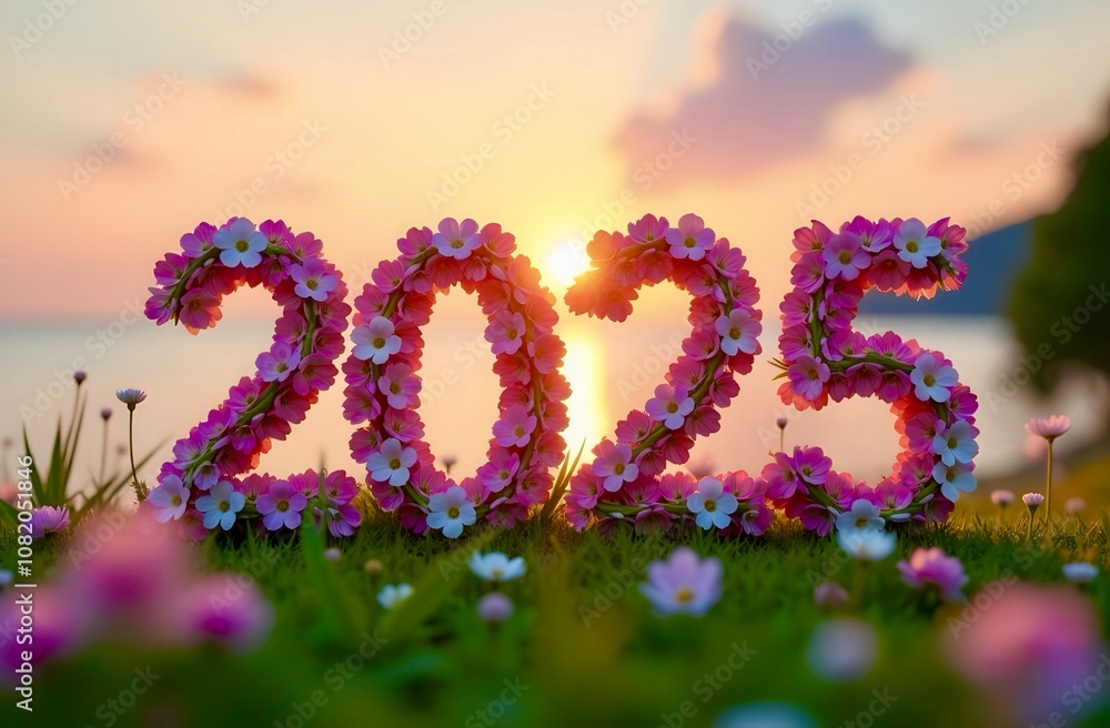 Numbers 2025 from flowers on a field against a sunset background. Year's Eve and Christmas Eve Numbers 2025 from flowers on a field against a sunset background. Year's Eve and Christmas Eve