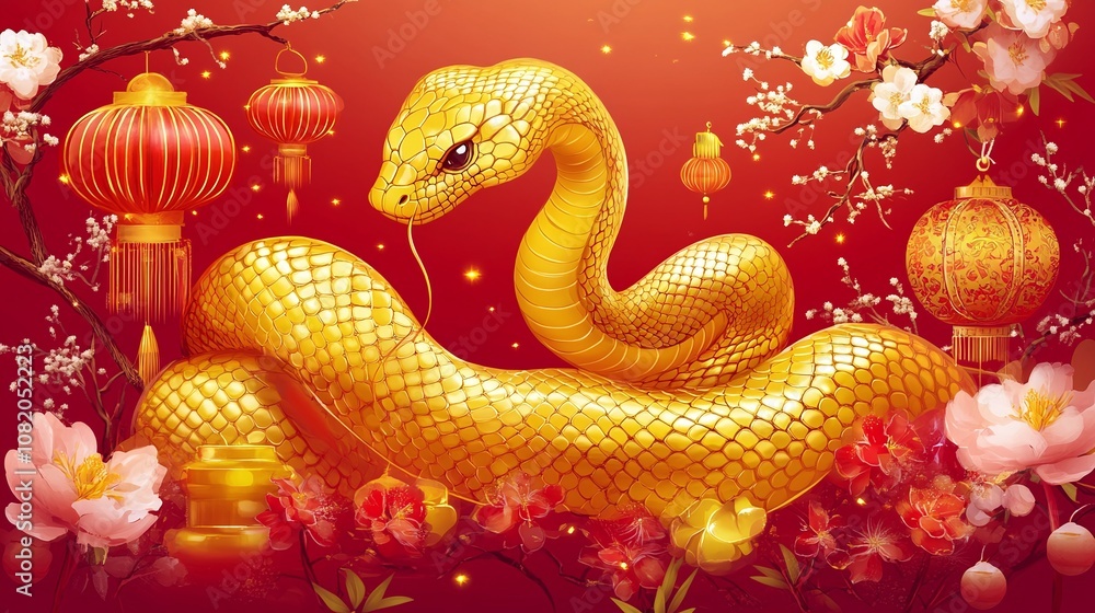 Fototapeta premium Golden Snake Surrounded by Cherry Blossoms, Lanterns, and Asian Decor in a Vibrant Red Background, Symbolizing Prosperity and Good Fortune During Celebrations