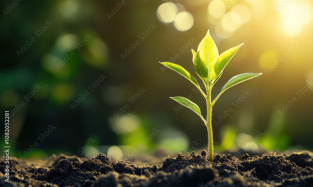 small green plant sprout growing in rich soil, bathed in warm sunlight. image evokes feeling of hope and new beginnings small green plant sprout growing in rich soil, bathed in warm sunlight. image evokes feeling of hope and new beginnings